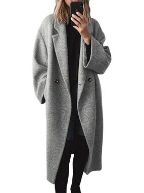 Women's Grey Wool Double Breasted Oversized Long Notch Lapel Trench Pea Coat